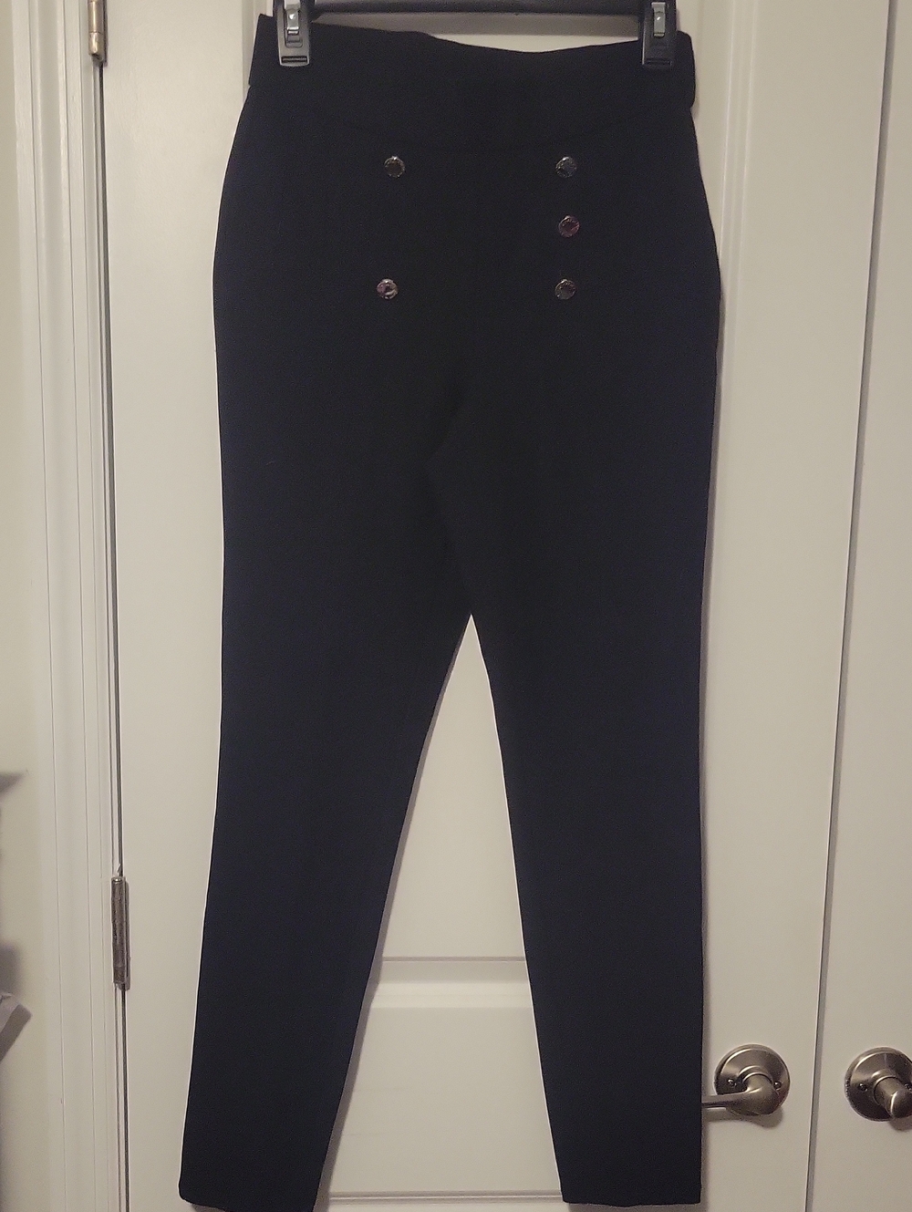 High-Waist Black Button-Front Ponte Pants Flawed Missing Button.